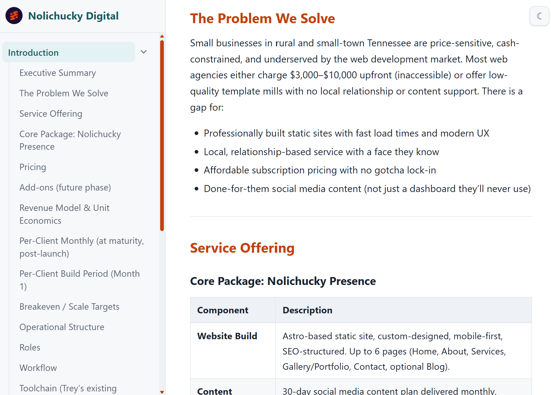 Nolichucky Digital business development and growth plan with a navigable sidebar covering executive summary, service offering, pricing, and revenue model