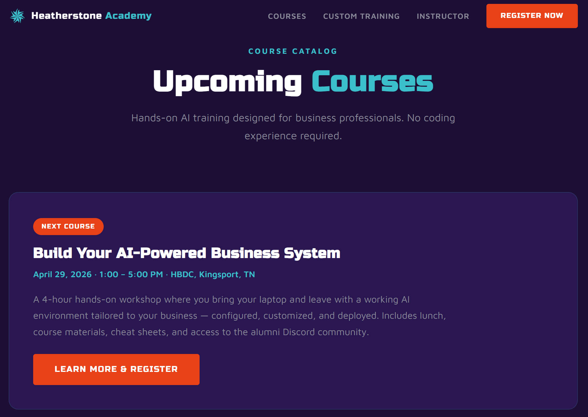 Branded workshop course catalog page with a Register Now call to action